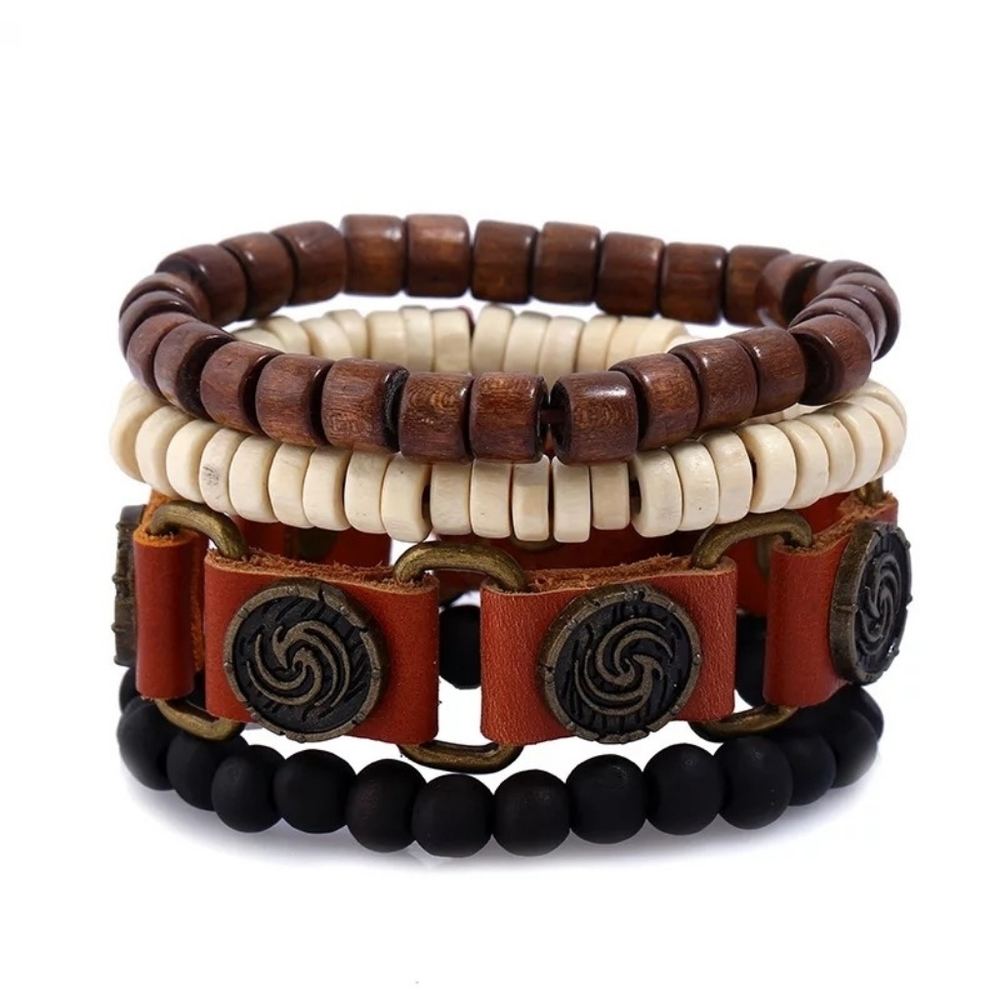 4pcs set wood and leather Bracelets set fot men…